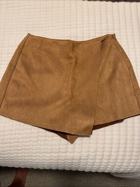 Faux Suede Wrap Skort in Brown